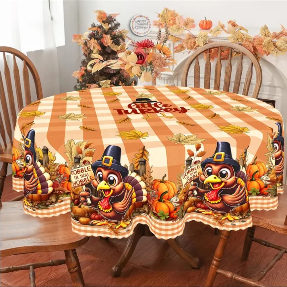 Thanksgiving 60” round fabric tablecloth multicolor machine wash stain resistant
